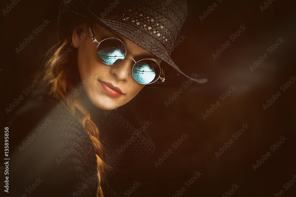 Wall mural Young beauty woman in steampunk round glasses - Wall murals