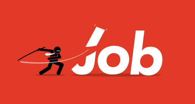 Job cut. Vector artwork depicts retrenchment, reducing manpower, company downsizing, and employee layoffs. 