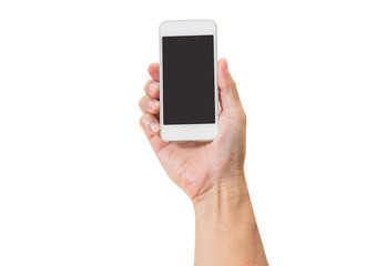 Man hand holding mobile phone isolated on white background. clip