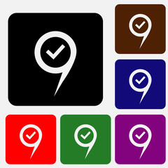 GPS map location ok white flat icons on color rounded square backgrounds