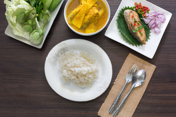 Yellow curry snapper fish with coconut shoots thai food thai food