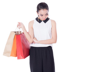 women holding shopping bags in her hand with a copy space,isolated on white background