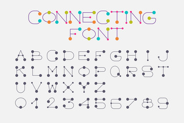 Font set design using dot and connecting line style to represent connection, link, together and collaboration.