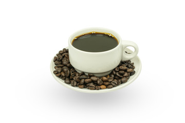 white cup with coffee beans, isolated on white background