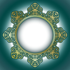 Mandala, vintage turquoise blue background with old paper texture and round lace transparent decorative frame on it. Vector EPS 10