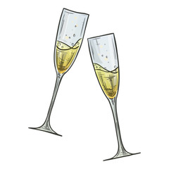 Colorful sketch style illustration of two glasses of champagne on white background. Vector.