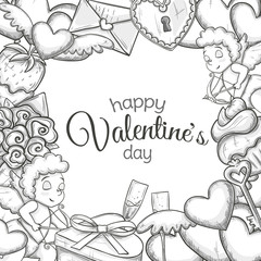 Template with Valentine's Day icons. Monochrome sketch style illustration for Valentine's Day greeting card and decoration. Vector.