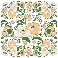 Fototapeta premium Floral background with painted flowers in folk style, Russian, Gypsy, Hungarian folkart Beige and green color