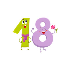 Cute and funny colorful 18 number characters, cartoon vector illustration isolated on white background. eighteen smiling characters, birthday greetings, anniversary