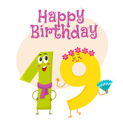 Happy birthday vector greeting card, poster, banner design with cute and funny nineteen number characters. nineteen smiling characters, happy birthday greeting card template