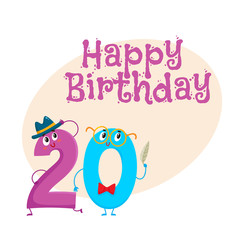 Happy birthday vector greeting card, poster, banner design with cute and funny twenty number characters. twenty smiling characters, happy birthday greeting card template