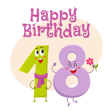 Happy birthday vector greeting card, poster, banner design with cute and funny eighteen number characters. eighteen smiling characters, happy birthday greeting card template