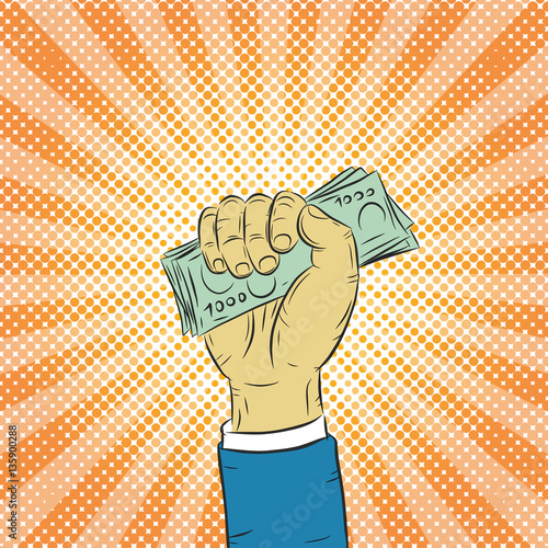 Hand Holding Money Vector On Halftone Backgroundhand With