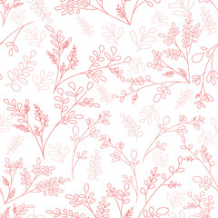 Plain background with small plants and leaves. Floral ornament in the style of the sketch lines Vector seamless background scrapbooking idea Shabby Chic