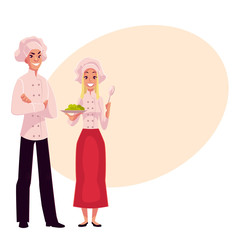 Young and handsome chefs, cooks, male and female, in white uniform, cartoon vector illustration on background with place for text. Full length portrait of man and woman working as chefs, cooks