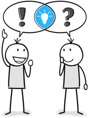 Zwei Figuren beraten sich und sprechen miteinander dabei kommt eine Idee raus