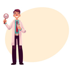 Smiling male dermatologist doctor standing with magnifying glass in one hand, cartoon vector on background with place for text. Male dermatologist, healthcare professional holding magnifier