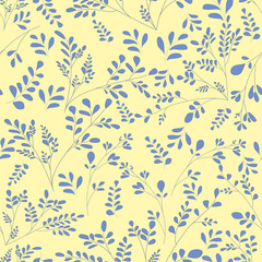 Plain background with small plants and leaves. Floral ornament in the style of the sketch lines Blue on white color Vector seamless background scrapbooking idea Shabby Chic