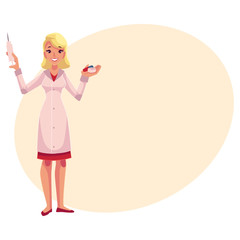 Smiling female anesthetist doctor holding syringe in one hand and pills in the other, cartoon vector illustration on background with place for text. Female anesthesiologist, healthcare professional