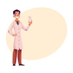 Smiling male dentist doctor in lab coat holding big tooth, cartoon vector on background with place for text. Male dentist, healthcare professional holding big tooth model, full length portrait