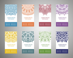 Colorful ornamental ethnic banner set. Templates with doodle tribal mandalas. Vector illustration.