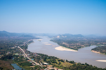 Fototapeta na wymiar Top view of Mekong River from Wat Pha Tak Suea, Pha Tang, Sangkhom District, Nong Khai, Thailand.