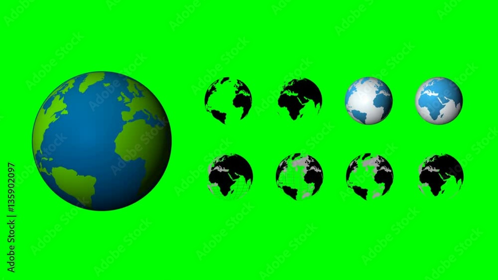 Poster set of 9 rotate spin global element looped on green screen background 4k