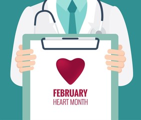 Close-up of a male doctor with lab coat in his office holding a clipboard.  February National Heart Month. Vector flat illustration