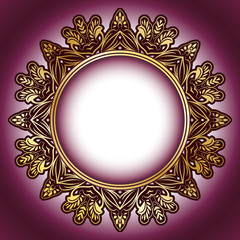 Frame with mandala drawing. Floral motif Burgundy, red with gold rims. Round tribal pattern. Vector, abstract flower mandala. Decorative elements for design. EPS 10