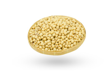 soy beans in Bamboo Basket isolated on white