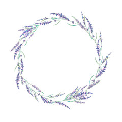 Watercolor lavender wreath. Hand drawn field flowers frame isolated on white background. Floral design - obrazy, fototapety, plakaty
