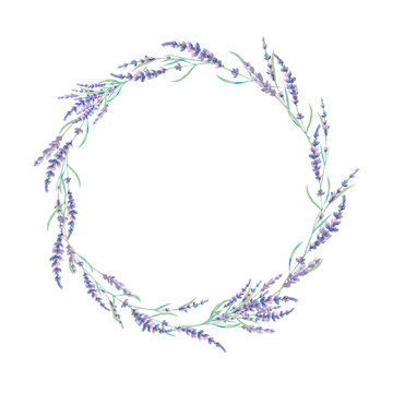 Watercolor lavender wreath. Hand drawn field flowers frame isolated on white background. Floral design