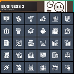 Business, finance, money vector icons set, modern solid symbol collection, filled white pictogram pack. Signs, logo illustration. Set includes icons as bank, bond, exchange, strategy, shop, investment