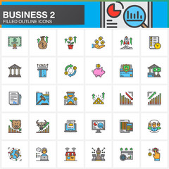 Business, finance, money, line icons set, filled outline vector symbol collection, linear colorful pictogram pack. Signs, logo illustration. Set includes icons as bank, bond, exchange, strategy, shop