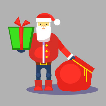 Funny red santa claus with bag and gift. Present for you. Vector. Christmas greeting card or poster.