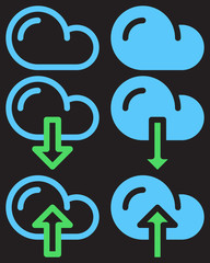 Cloud download and upload simple line and full icons, outline and solid vector signs, linear and filled pictograms. Symbol, logo illustration