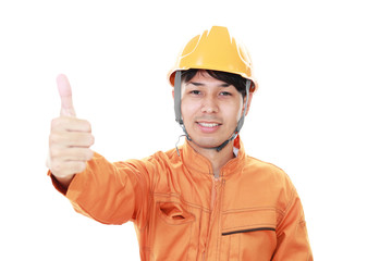 ガッツポーズの作業員