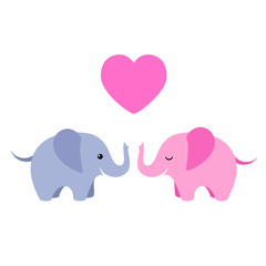 Two cute elephants with heart isolated on white background