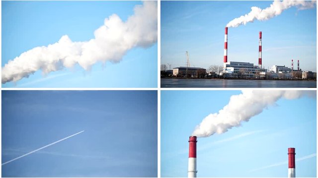 Four in one: ecology Industrial landscape - power plant at sunny day, white vapor from red tube