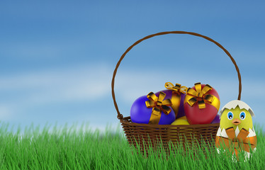 Basket of easter eggs in Fresh Green Grass. 3d render