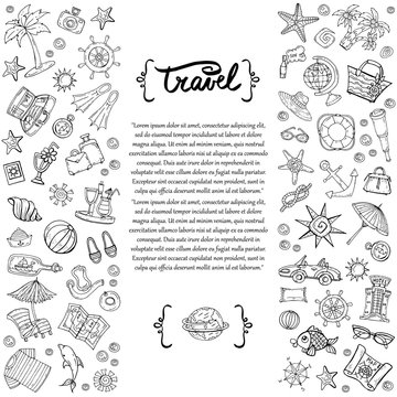 Cover with hand drawn isolated symbols of travel on white background. Illustration on the theme of tourism, summer