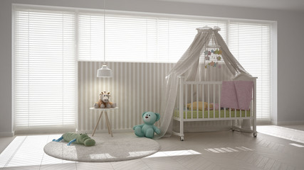 Scandinavian white child bedroom with canopy crib, minimal inter