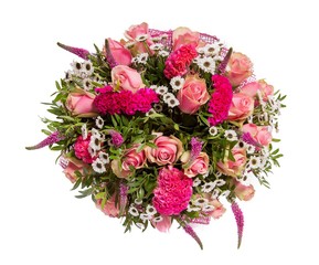 Bouquet of flowers top view on white background