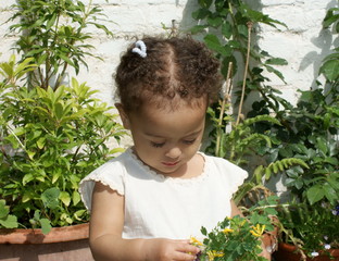 Thoughtful child examining flowers