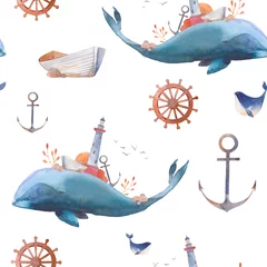 Papier Peint photo Animaux marins Modèle sans couture de baleine créative aquarelle. Texture fantastique peinte à la main avec baleine bleue, phare, ancre, plantes, roue, vieux bateau, pierres sur fond blanc. Papier peint nautique de style vintage