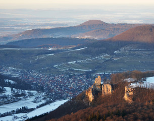 Aerial view  of Castle Reussenstein Castle (Swabian Alps)  in snow southern germany on sunset in Winter