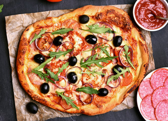 Homemade pizza, top view