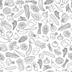 Seamless Pattern With Many Vegetables. Hand-drawn Style Vector Illustration.