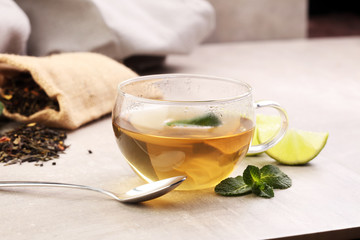 Tea. Herbal tea. Mint leaf. Tea in a glass cup, mint leaves, dri