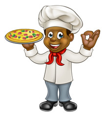 Black Pizza Chef Cartoon Mascot